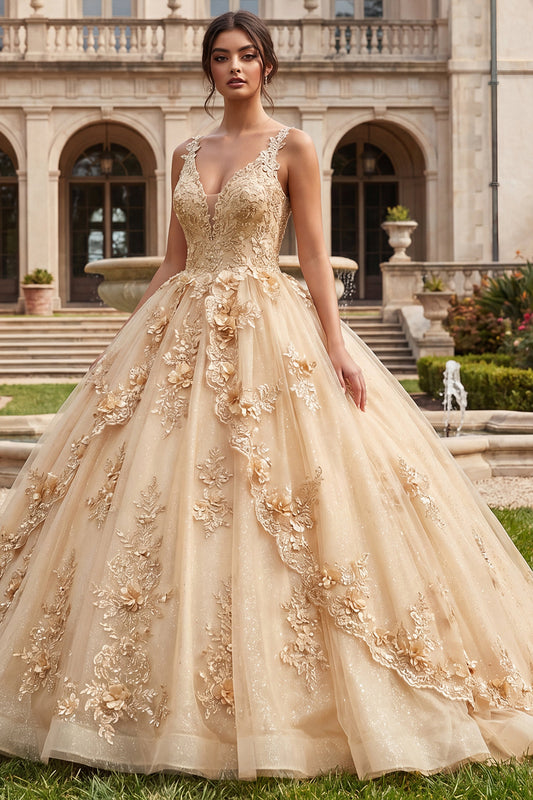 V-Neck Champagne Floral Glitter Princess Long Quinceanera Dress