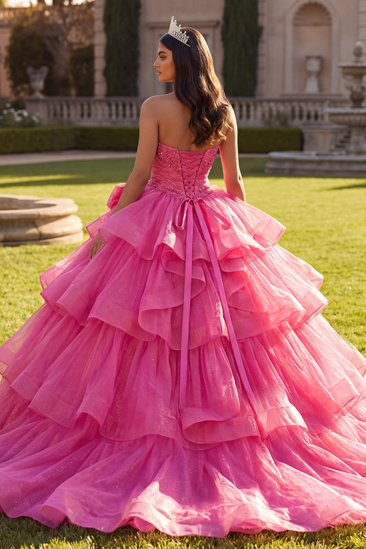 Halter Sparkly Fuchsia Princess Long Ruched Beaded Quinceanera Dress with Ruffles