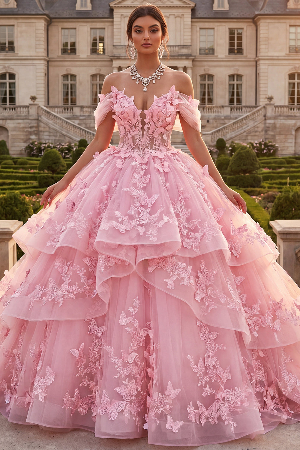 strapless open back dress Zapakasa Women Pink Butterflies Long Quinceanera Dress with Ruffles Princess  Off the Shoulder Lace Up Back Ball Gown Sweet 16 Dress