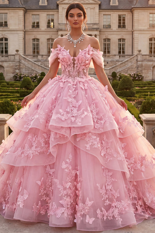Long Pink Off the Shoulder Butterflies Princess Quinceanera Dress with Ruffles