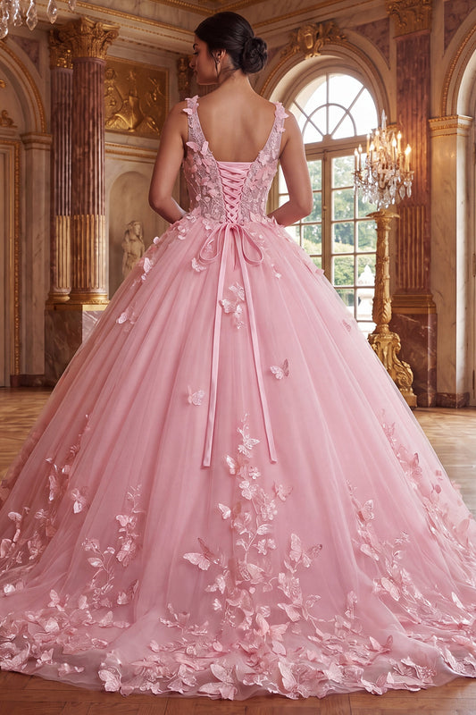 V-Neck Corset Long Pink Princess Quinceanera Dress with Butterflies