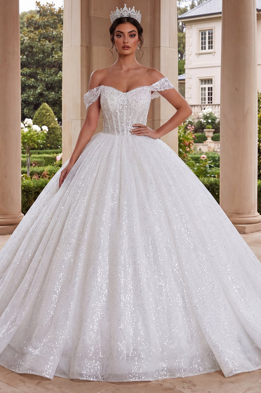 Sparkly White Off the Shoulder Princess Long Quinceanera Dress with Beading