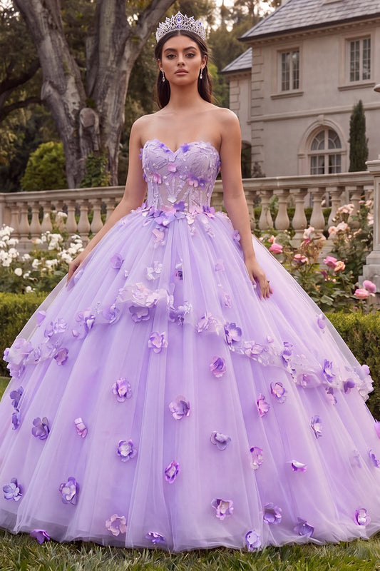 Lilac Strapless Corset Long Floral Princess Quinceanera Dress