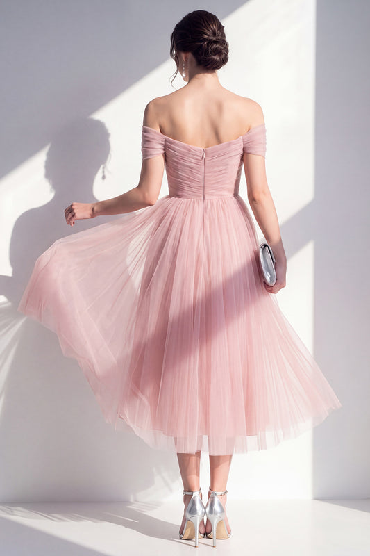 Blush Off the Shoulder Ruched A Line Maxi Wedding Guest Dress