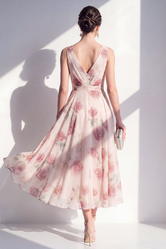 A Line Floral Blush V-Neck Ruched Maxi Beach Wedding Guest Dress