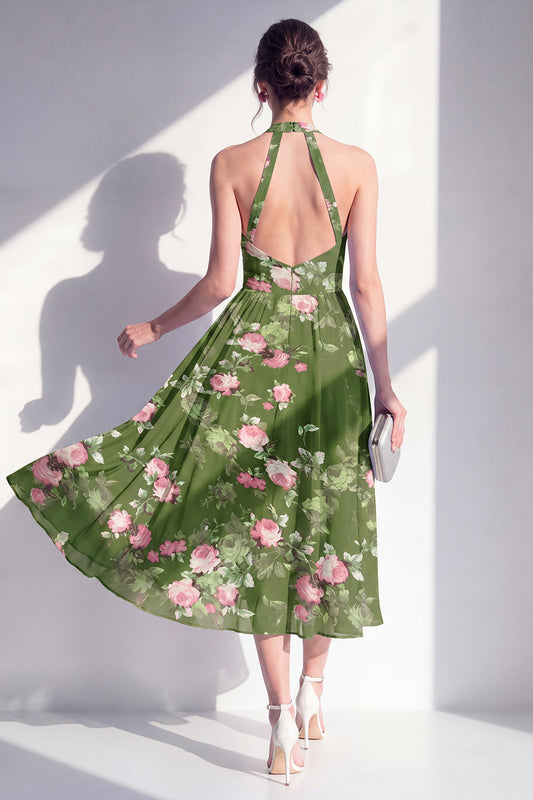Dark Green Halter Open Back Floral A Line Maxi Beach Wedding Guest Dress