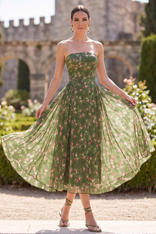 Dark Green Strapless Floral A Line Maxi Beach Wedding Guest Dress