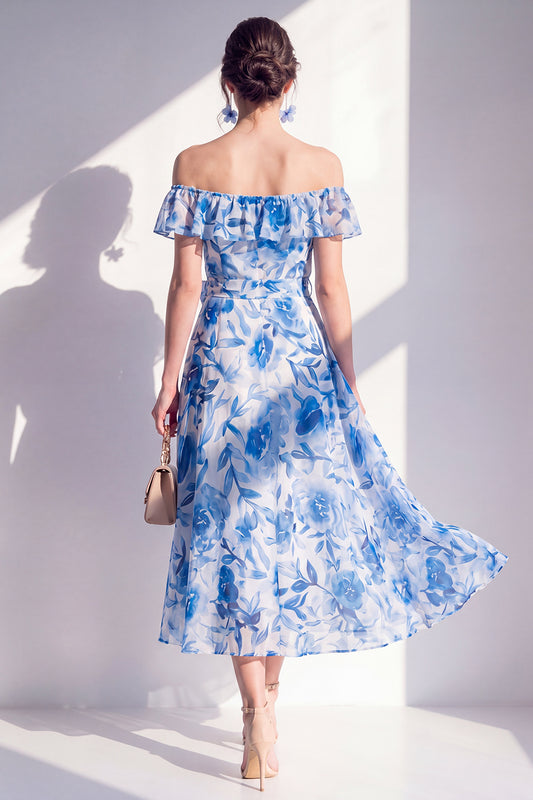 Off the Shoulder Blue Flower A Line Maxi Beach Wedding Guest Dress with Ruffles
