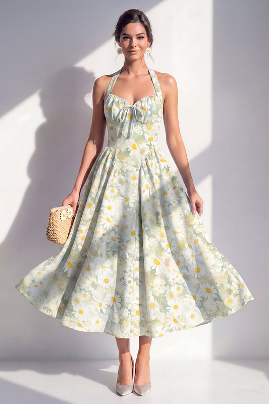 Light Green Halter Floral A Line Maxi Beach Wedding Guest Dress