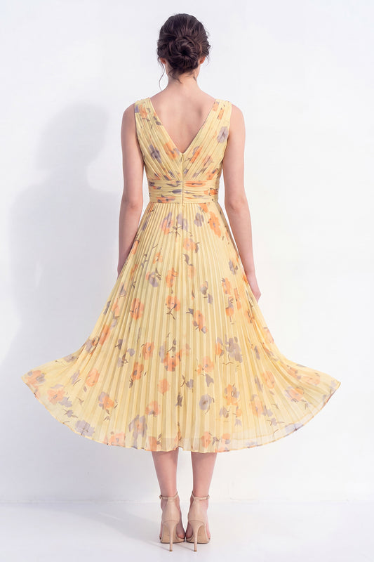 Ruched Butter Yellow Floral A Line Maxi Beach Wedding Guest Dress with Pleats