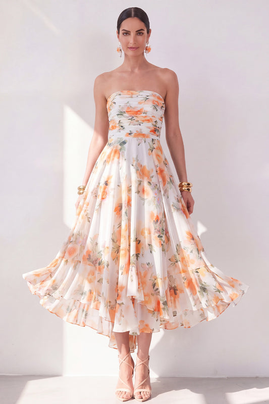 Orange Flower Strapless Ruched A Line Beach Wedding Guest Dress
