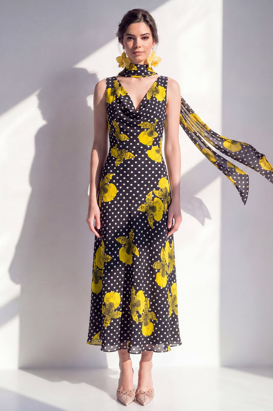 Black Yellow Flower Polka Dots Sheath Maxi Beach Wedding Guest Dress
