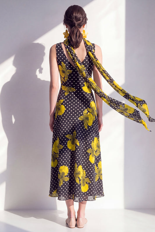 Black Yellow Flower Polka Dots Sheath Maxi Beach Wedding Guest Dress