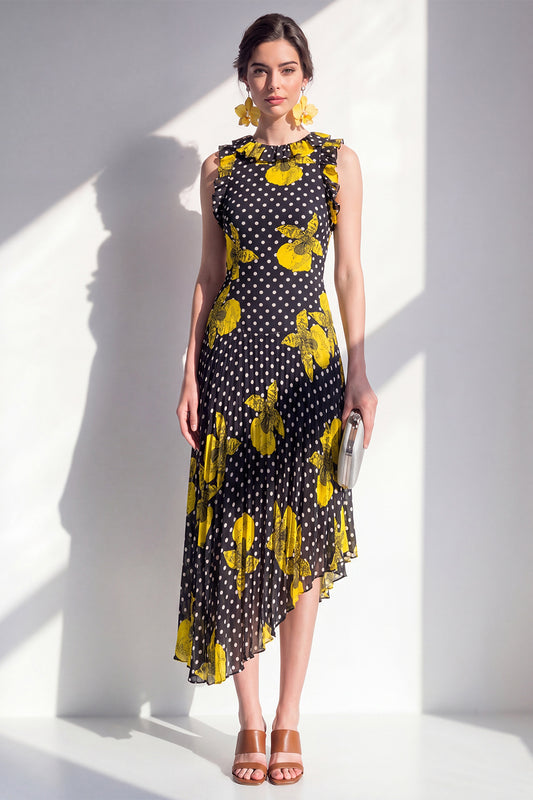 Sheath Maxi Black Yellow Flower Polka Dots Beach Wedding Guest Dress with Ruffles