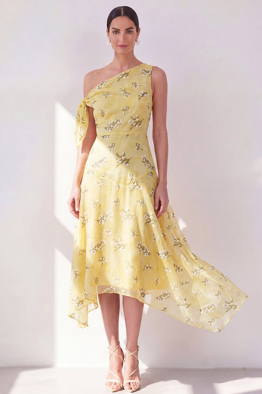 One Shoulder Floral Butter Yellow A Line Maxi Beach Wedding Guest Dress