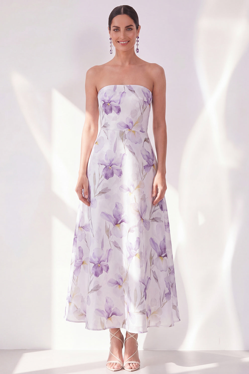 Zapaka Women Lilac Flower Midi Dress A-Line Strapless Chiffon Wedding Guest Dress, Lilac Flower / US24W