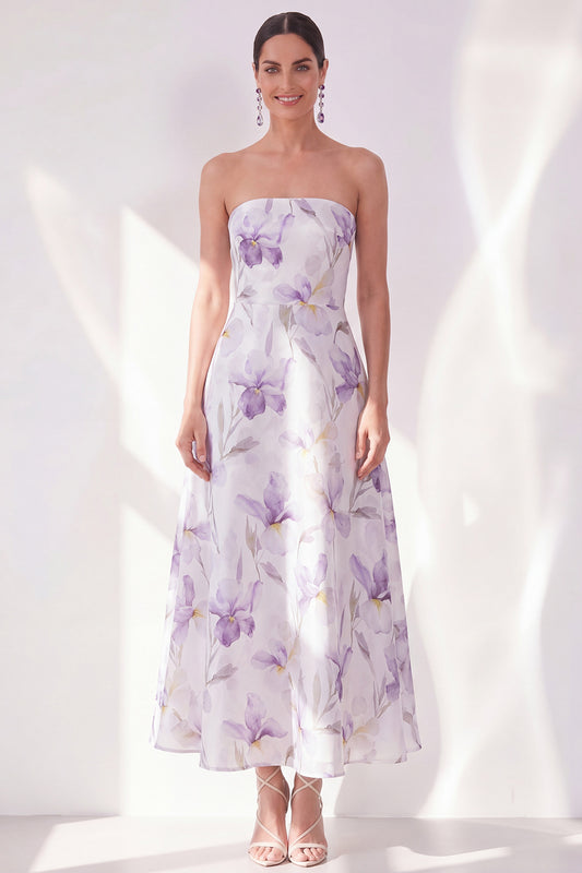 Lilac Flower Strapless A Line Maxi Beach Wedding Guest Dress