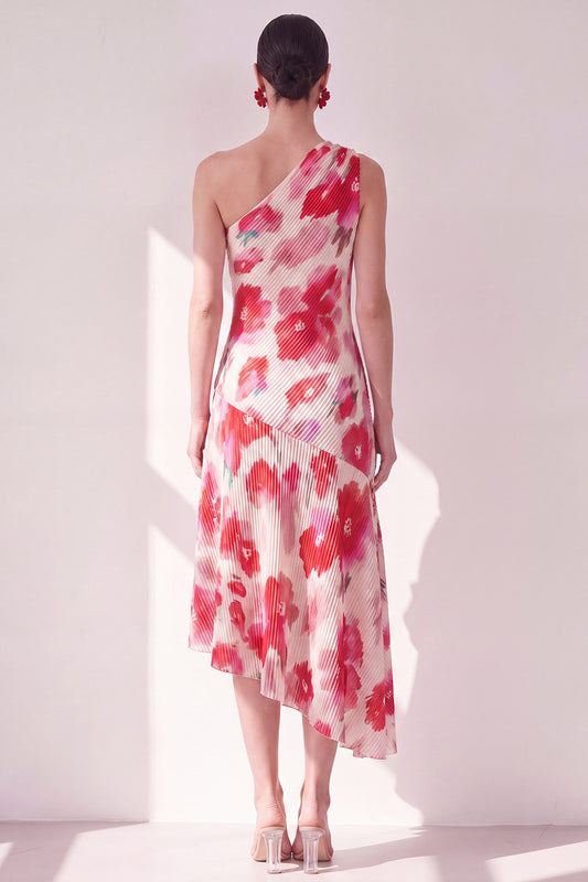 Pink Red Flower One Shoulder Asymmetrical Beach Wedding Guest Dress