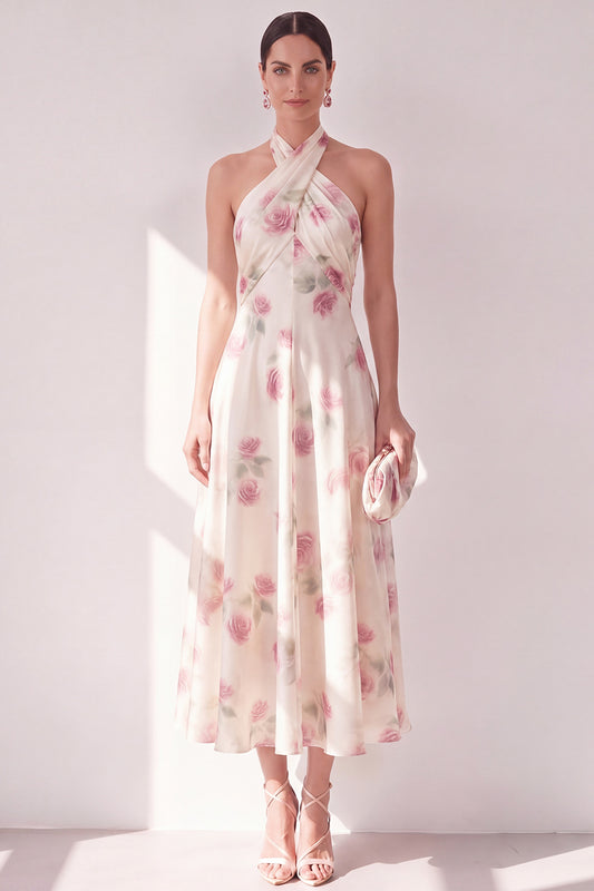 Apricot Halter Floral A Line Maxi Beach Wedding Guest Dress