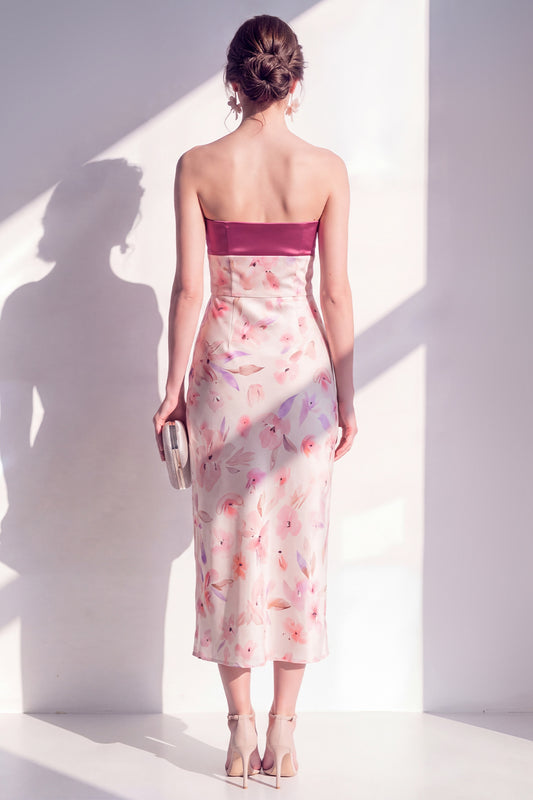 Sheath Strapless Pink Floral Maxi Beach Wedding Guest Dress with Slit