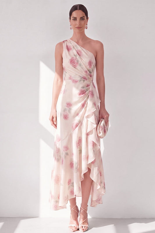 Apricot One Shoulder Floral A Line Maxi Beach Wedding Guest Dress with Ruffles