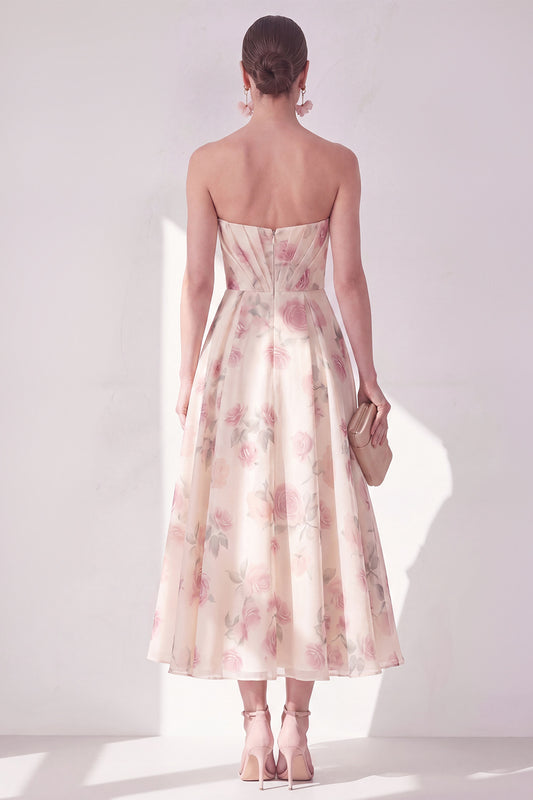 Apricot Strapless Ruched Floral A Line Maxi Beach Wedding Guest Dress