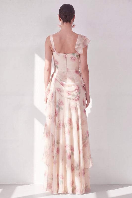 Apricot Scoop Ruffled Floral Corset Maxi Beach Wedding Guest Dress with Slit