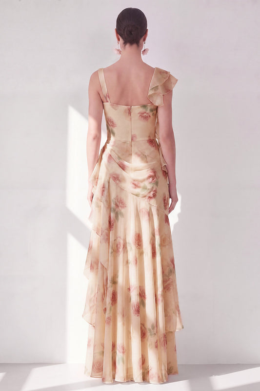 Apricot Scoop Ruffled Floral Corset Maxi Beach Wedding Guest Dress with Slit