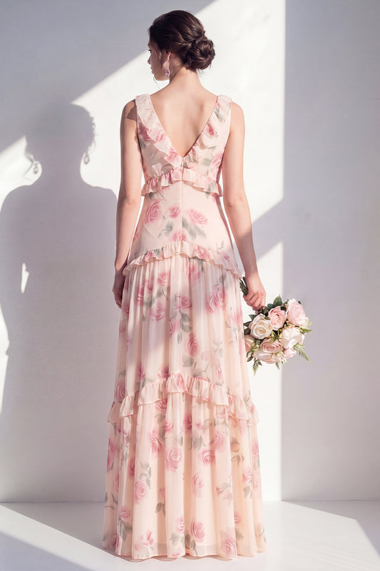 Apricot V-Neck A Line Floral Long Bridesmaid Dress with Ruffles