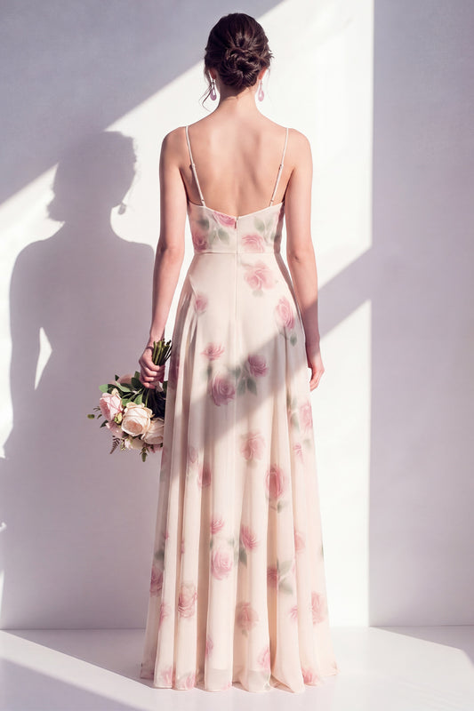 Ruched Spaghetti Straps Apricot A Line Floral Long Bridesmaid Dress