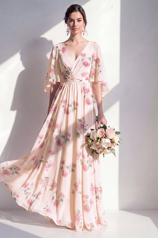 V-Neck A Line Ruched Apricot Floral Long Bridesmaid Dress with Sleeves