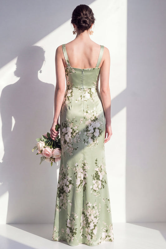 Thick Straps Ruched Mermaid Sage Green Floral Long Bridesmaid Dress