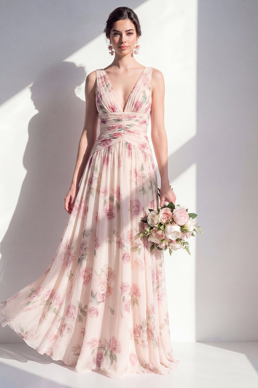 Floral Long V-Neck A Line Ruched Apricot Bridesmaid Dress