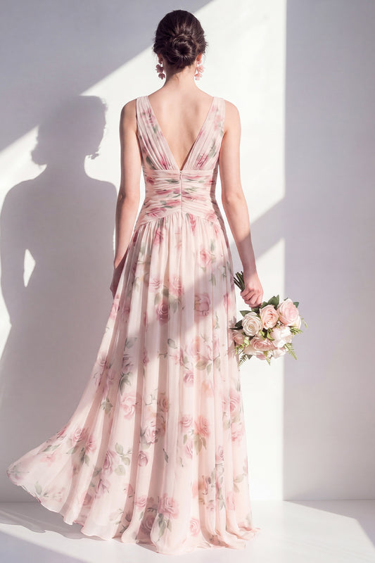 Floral Long V-Neck A Line Ruched Apricot Bridesmaid Dress