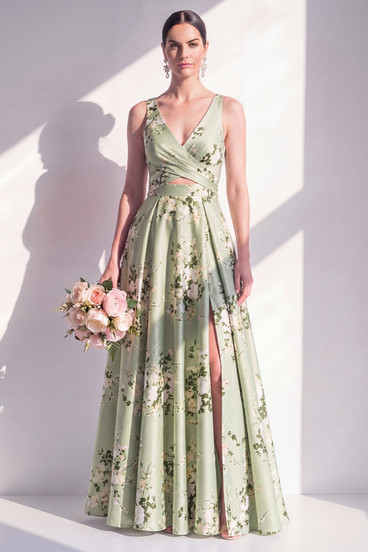 Keyhole Sage Green Floral V-Neck A Line Long Bridesmaid Dress with Slit