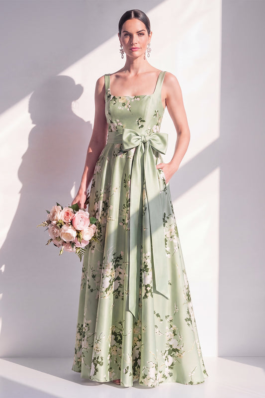 Square Neck Sage Green Floral A Line Long Bridesmaid Dress with Pockets