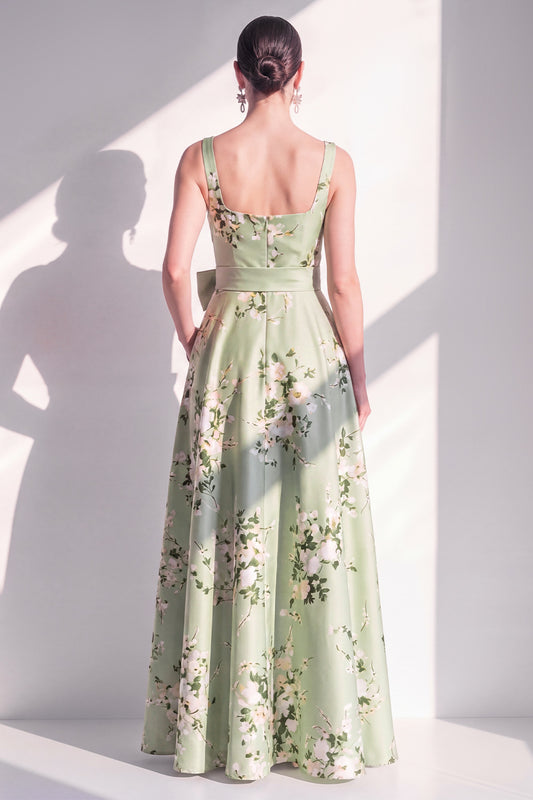 Square Neck Sage Green Floral A Line Long Bridesmaid Dress with Pockets