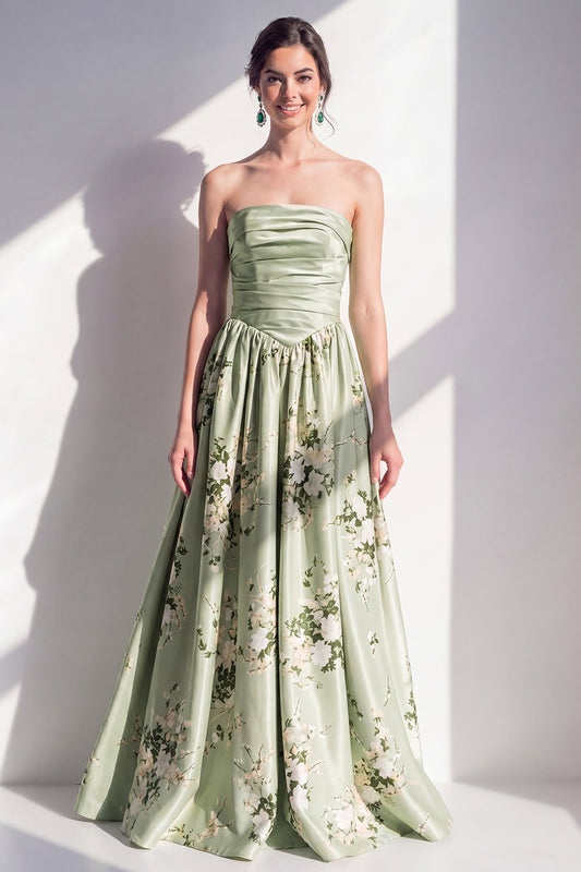 Strapless Sage Green Floral Ruched A Line Long Bridesmaid Dress