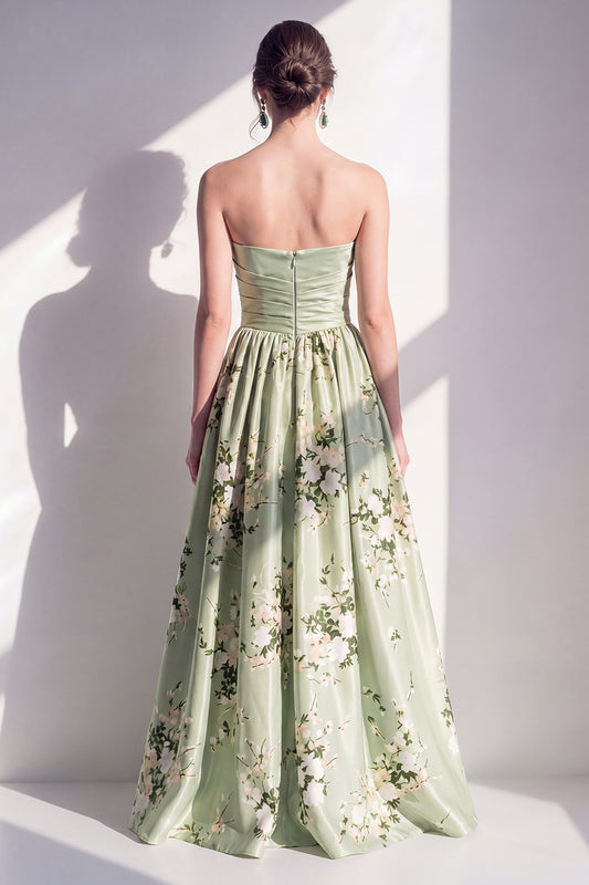 Strapless Sage Green Floral Ruched A Line Long Bridesmaid Dress