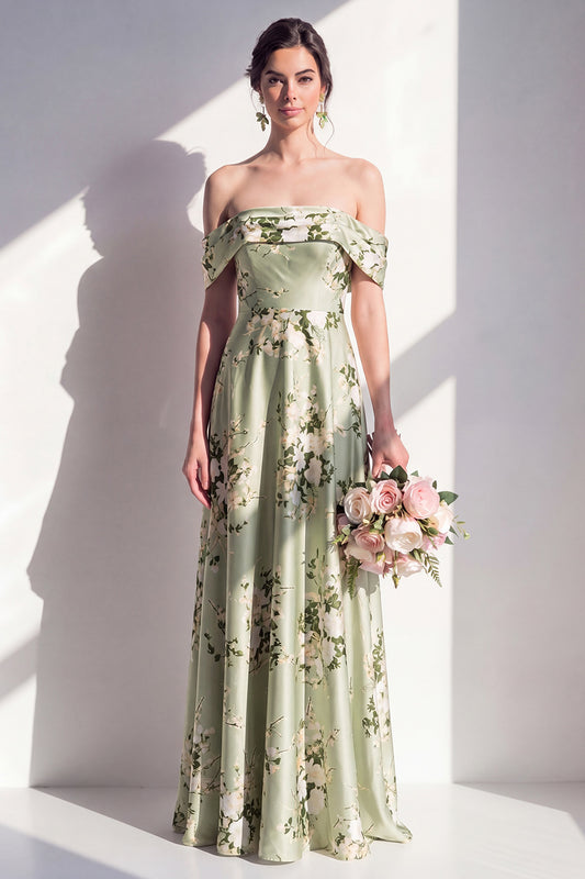 Off the Shoulder Sage Green Floral A Line Long Bridesmaid Dress