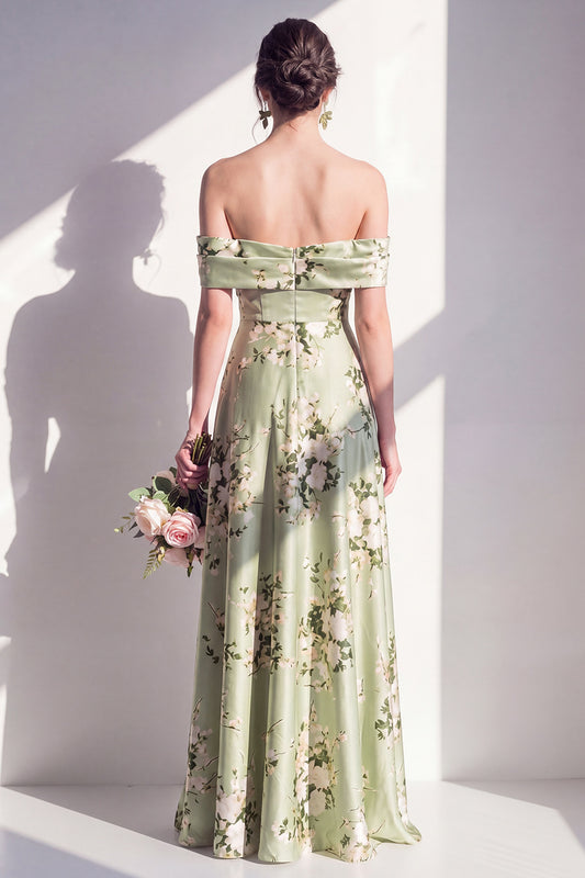 Off the Shoulder Sage Green Floral A Line Long Bridesmaid Dress