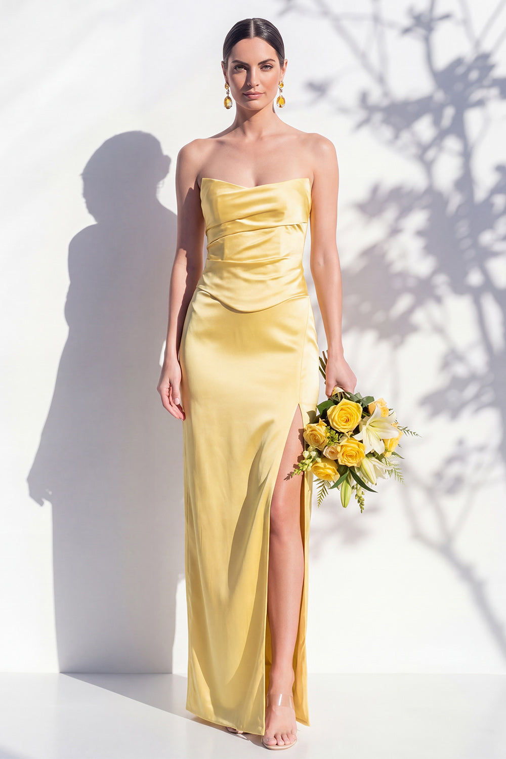 Zapaka Women Strapless Bridesmaid Dress Yellow Satin Sheath Wedding Guest Dress with Slit, Yellow / US14