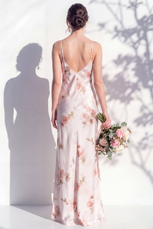 Spaghetti Straps Sheath Ivory Red Flower Long Bridesmaid Dress
