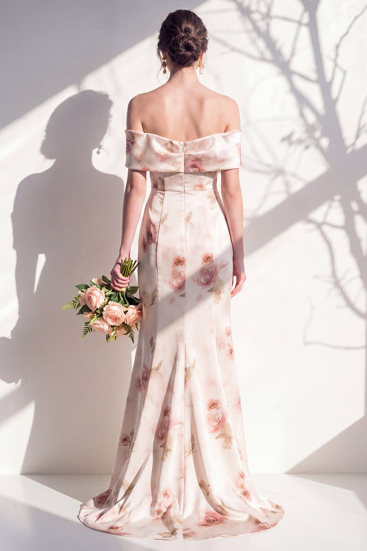 Mermaid Off the Shoulder Ivory Red Flower Long Bridesmaid Dress
