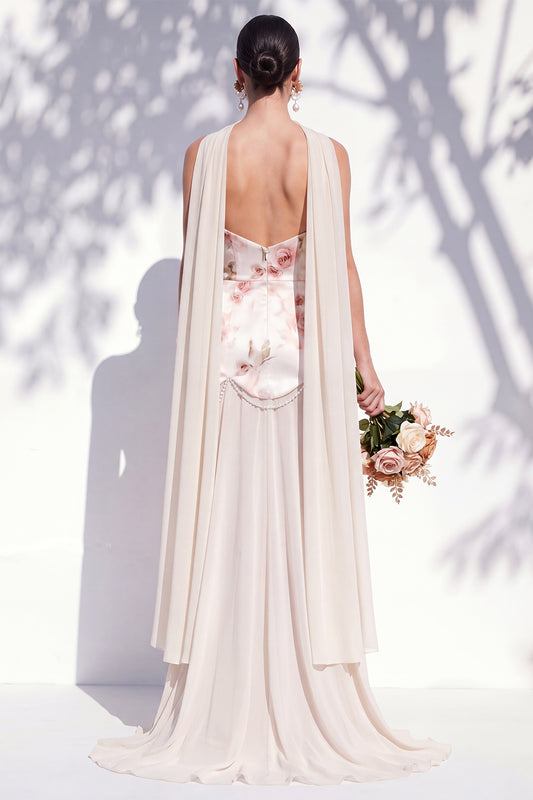 A Line Strapless Ivory Red Flower Long Bridesmaid Dress with Pearls