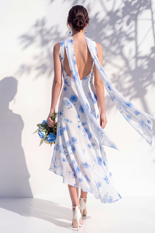 Blue Flower Cowl Neck Mermaid High Low Backless Bridesmaid Dress