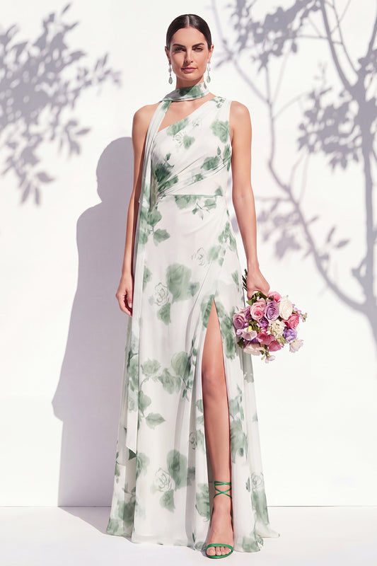 Green Flower Long One Shoulder Ruched A Line Bridesmaid Dress with Slit