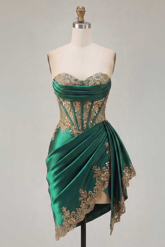 Strapless Corset Ruched Short Sparkly Dark Green Appliqued Homecoming Dress with Ruffles