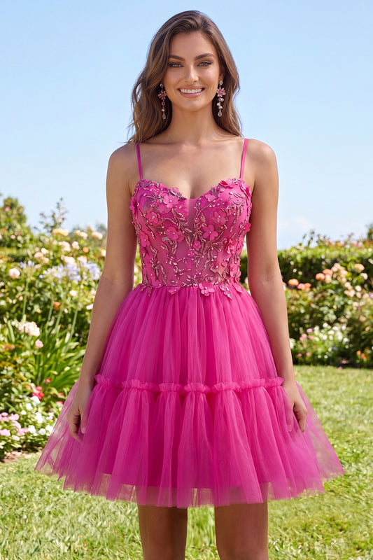 A Line Sparkly Fuchsia Corset Floral Beaded Short Spaghetti Straps Homecoming Dress
