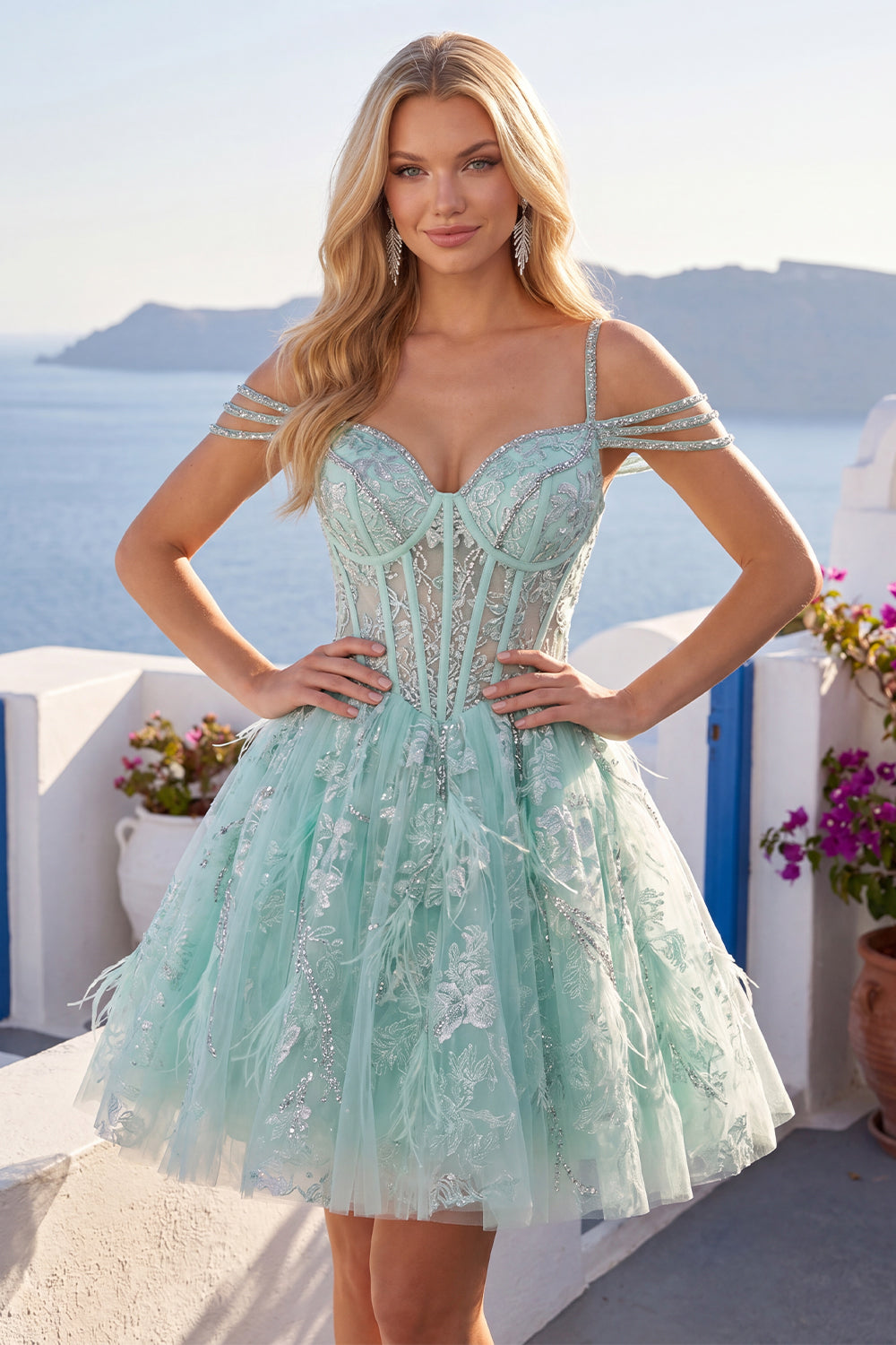 Cold Shoulder Floral Sparkly Mint Corset Short A Line Beaded Homecoming Dress